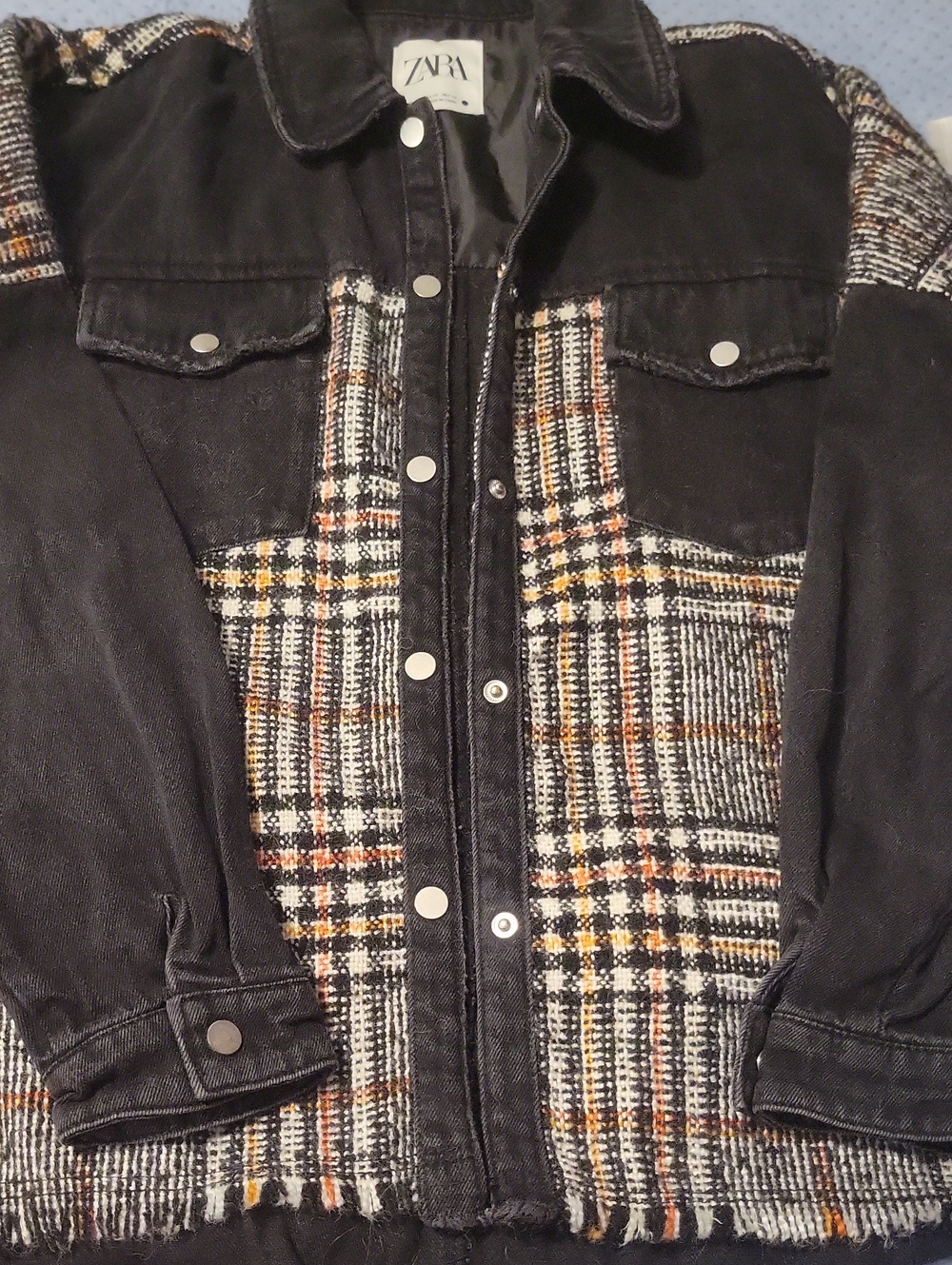 Women's Oversized Zara Black Denim Jacket with Multicolor Tweed Panels